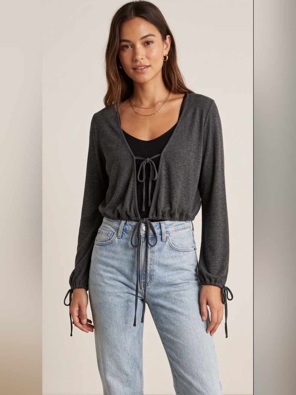 Victoria’s Secret Tie Front Cropped Cardigan Black Lightweight Knit Size M